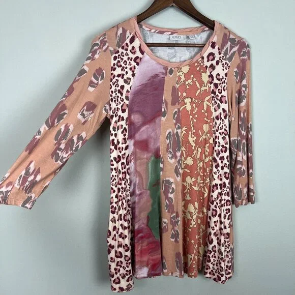 LOGO Lori Goldstein Tunic Top Womens Small Mixed Print Twisted Neck 3/4 Sleeve S - Picture 4 of 11